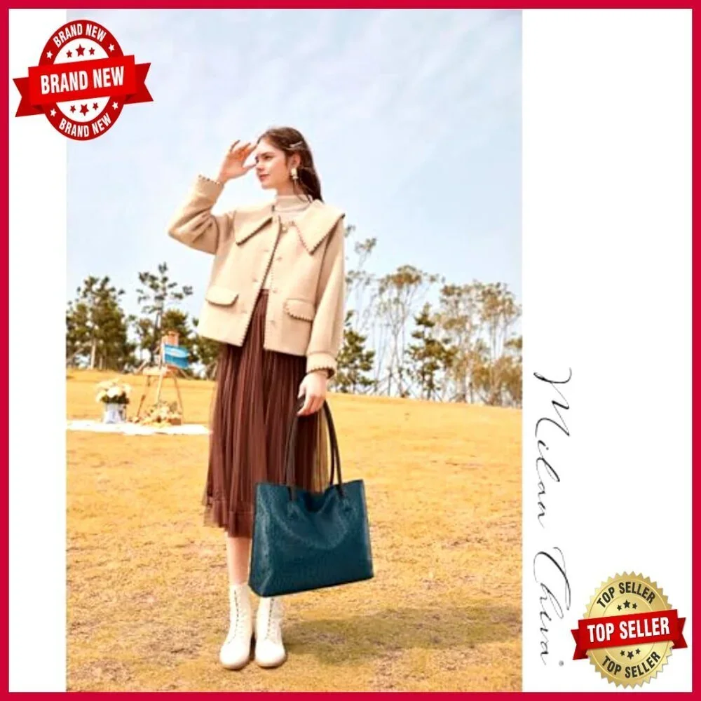 Large Vegan Leather Tote Bag with Zipper, Laptop Compartment, Shoulder Strap